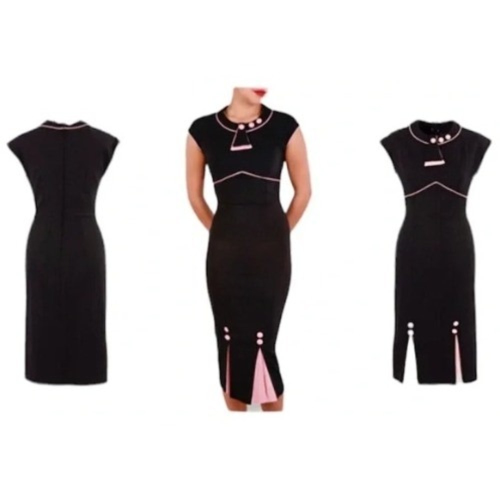 Stop Staring! Black Wiggle Dress Soft Pink Trim XL Vintage Pin-Up Midi - Picture 2 of 16